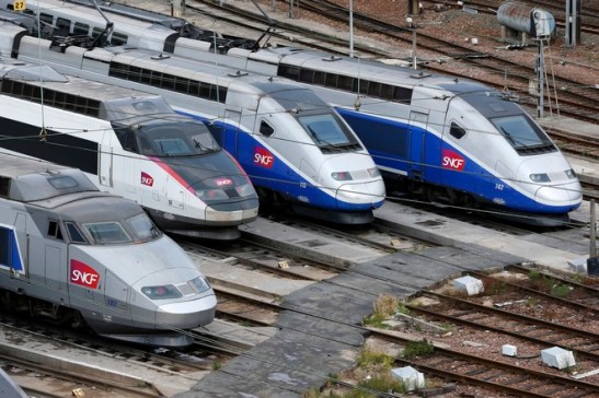 TGV trains are parked at a SNCF depot station in Charenton-le-Pont near Paris