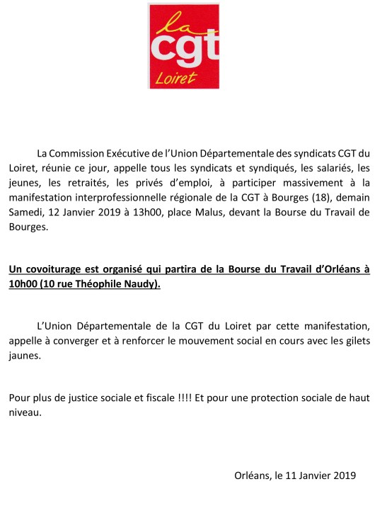 communiqué de presse, tous à la manif à bourges le 12 janvier