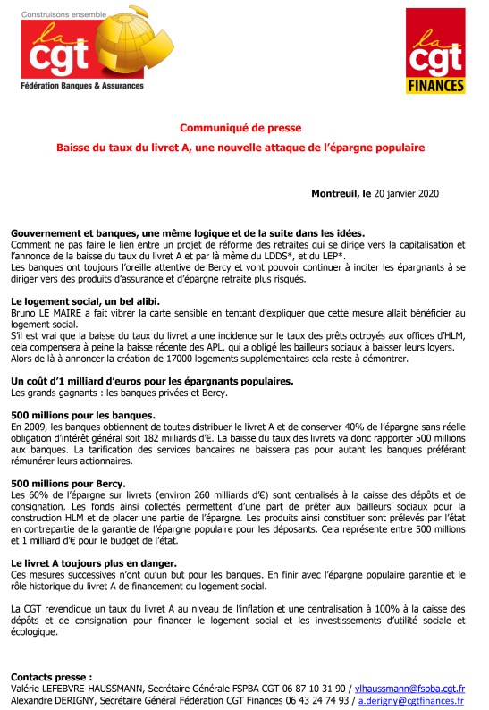 01 2020 Communiqué de presse commun FD Finances et FSPBA BAISSE DU TAUX DU LIVRET A-1